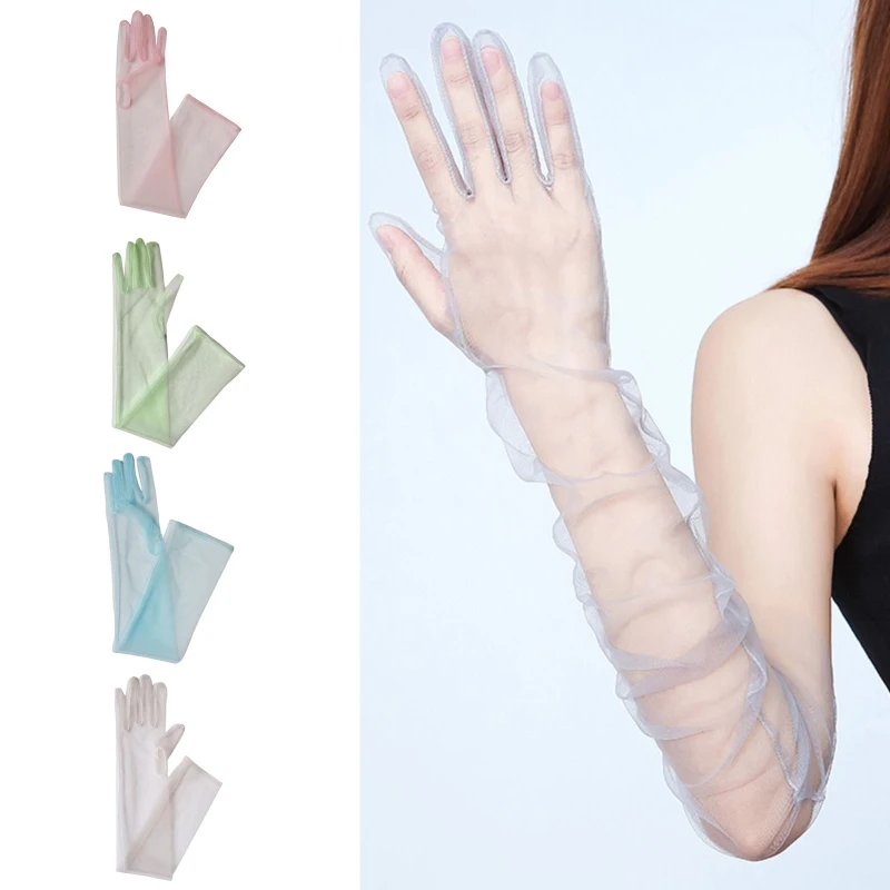 Exquisite Long Tulle Elbow Gloves 55cm Wedding Gloves Ultra Thin Stretchy Full Finger Mittens for Opera Party Concert image 3