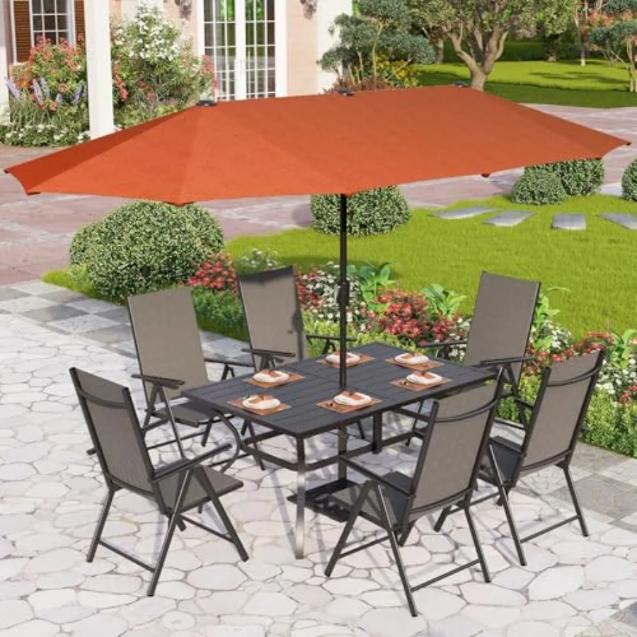 

PHI VILLA 7 Pcs Patio Dining Set with Umbrella Outdoor Dining Set with Table and Chairs Adjustable Folding Chairs for Garden