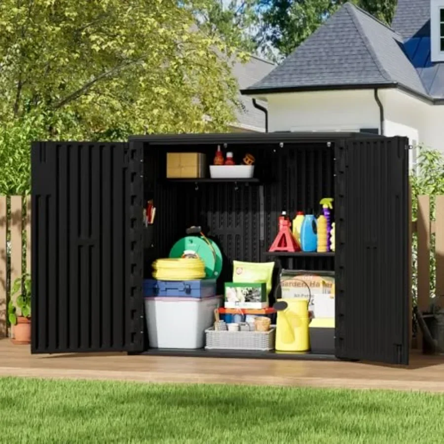 Outdoor Storage Shed for Garden Tools, Lawn Mower, Bike, and Trash Can; Double-wall HDPE Plastic, Waterproof, Horizontal Lockab