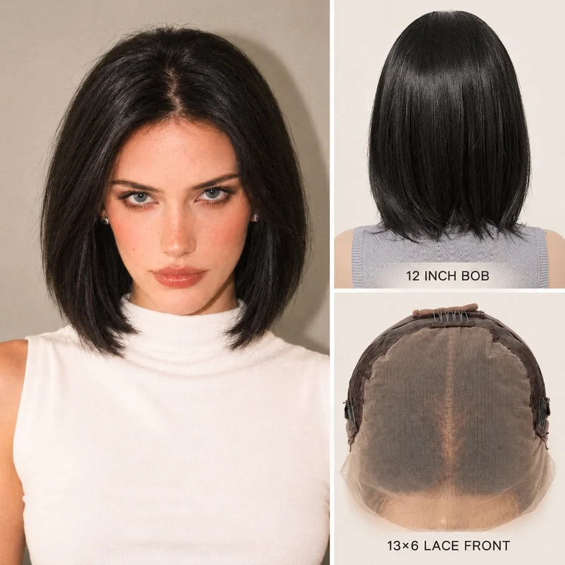 13x6 Lace Front Bob Wigs for Women 12 Inch Natural Black Short Straight Hair Center Part Soft Inward Ends for Daily Wear