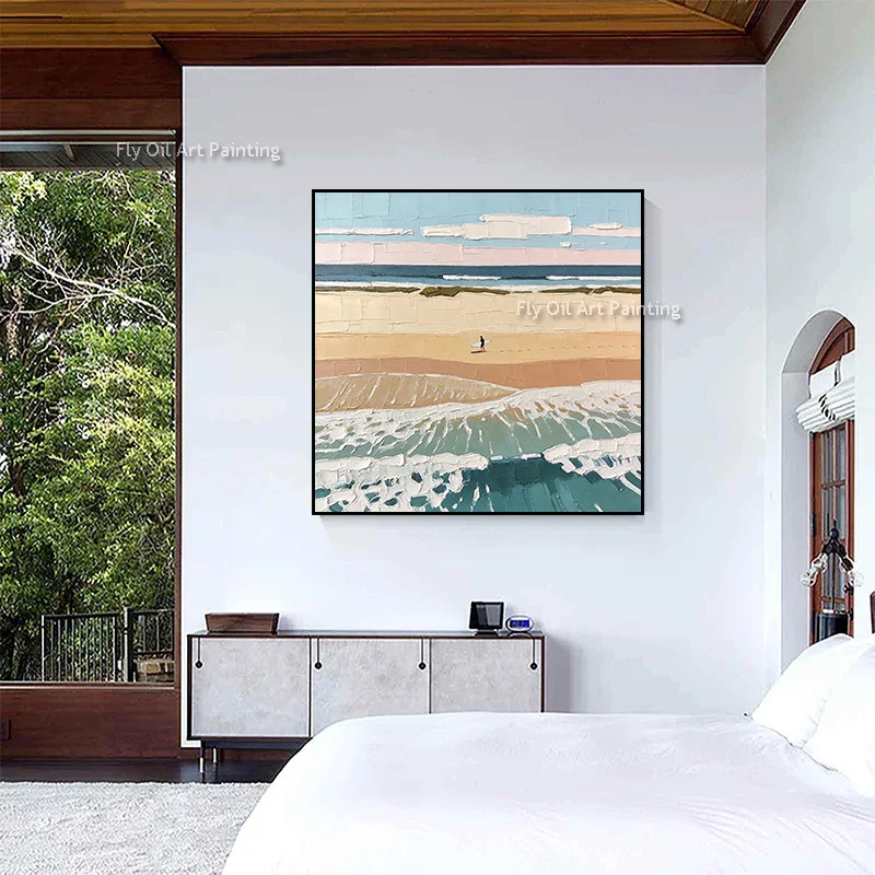 Abstract Colorful Artwork Handmade Fashional Design Light Blue White Sea Wave Brown Yellow Beach Beautiful Seaside View Oil Pain