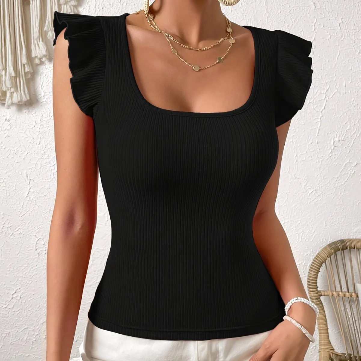 Solid O-Neck Tops Ruffle Knitted T-Shirt Sleeveless Elegant Women Short Sleeve Fashion Slim Lady Clothes Spring Summer