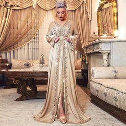 Ciynsia A-Line Satin Long Sleeve Nigeria Moroccan Caftan Evening Dresses Abendkleider Champagne Muslim Formal Party Gowns Women