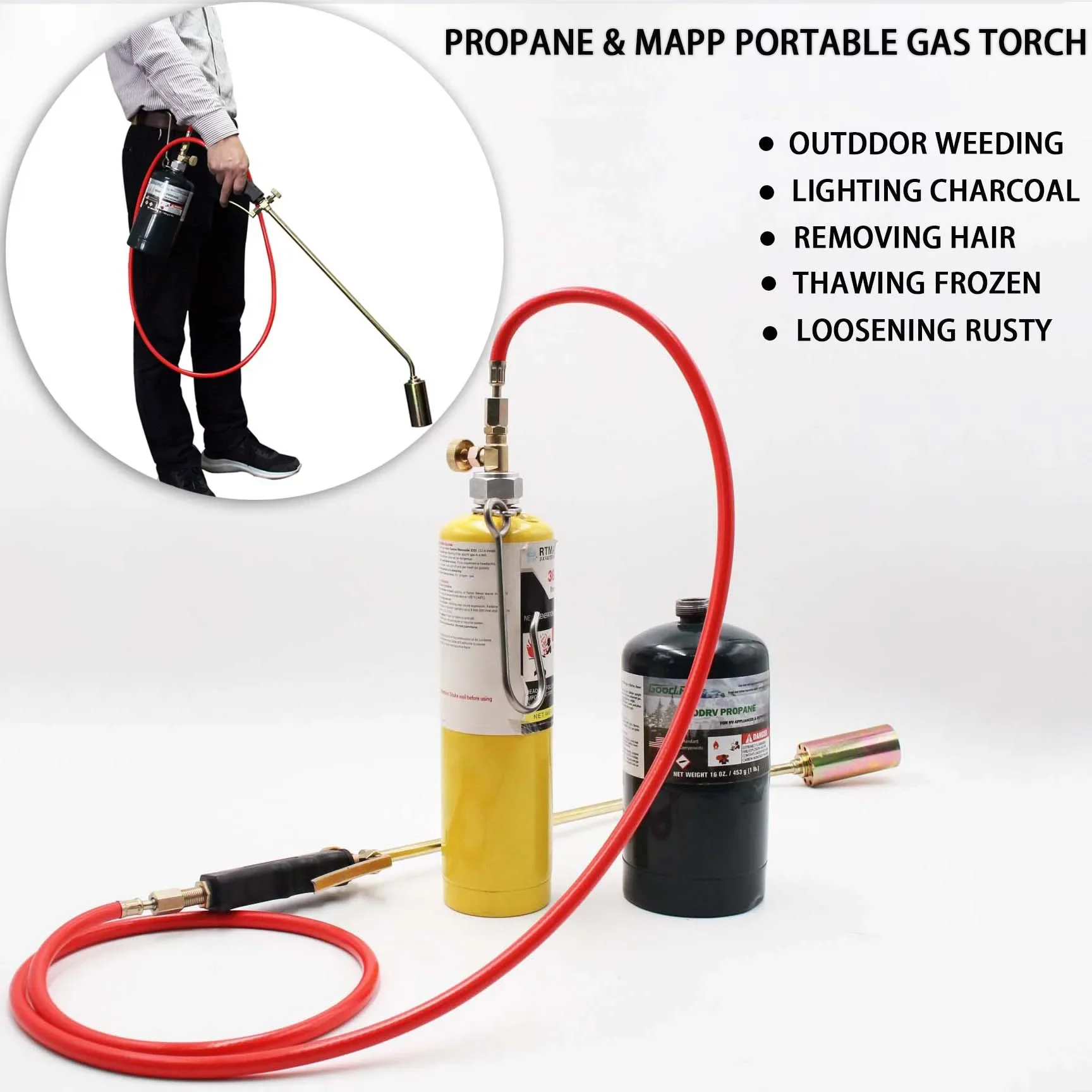 Propane Torch Weed Burner Torch, Double Valve Blow Torch 50 inch Hose Adjustable Flame Control for Soldering Thawing Weeding BBQ