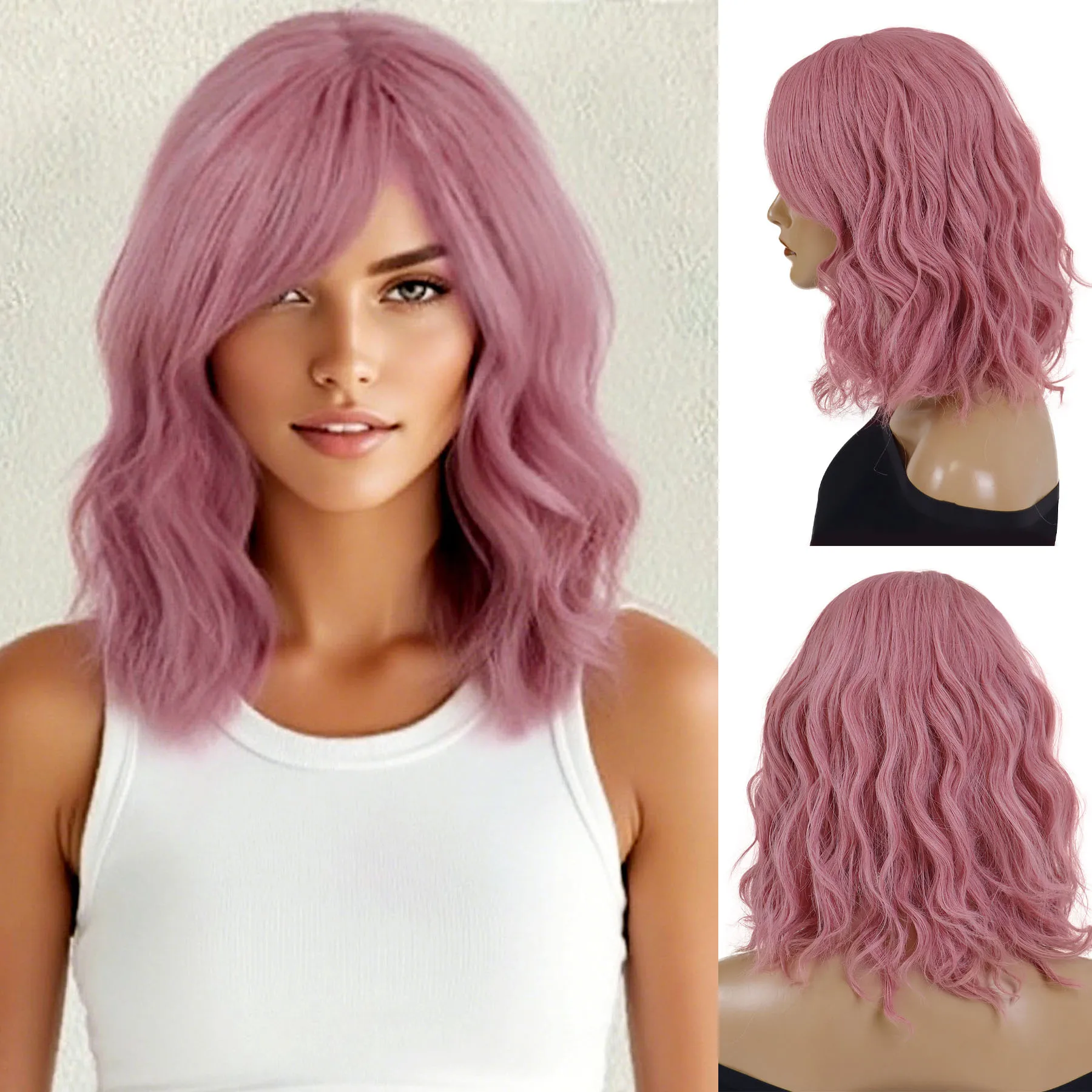 

GNIMEGIL Synthetic Hair Pink Wig for Women Girls Short Curly Wavy Cosplay Wigs with Bangs Cute Water Wave Lolita Halloween Party