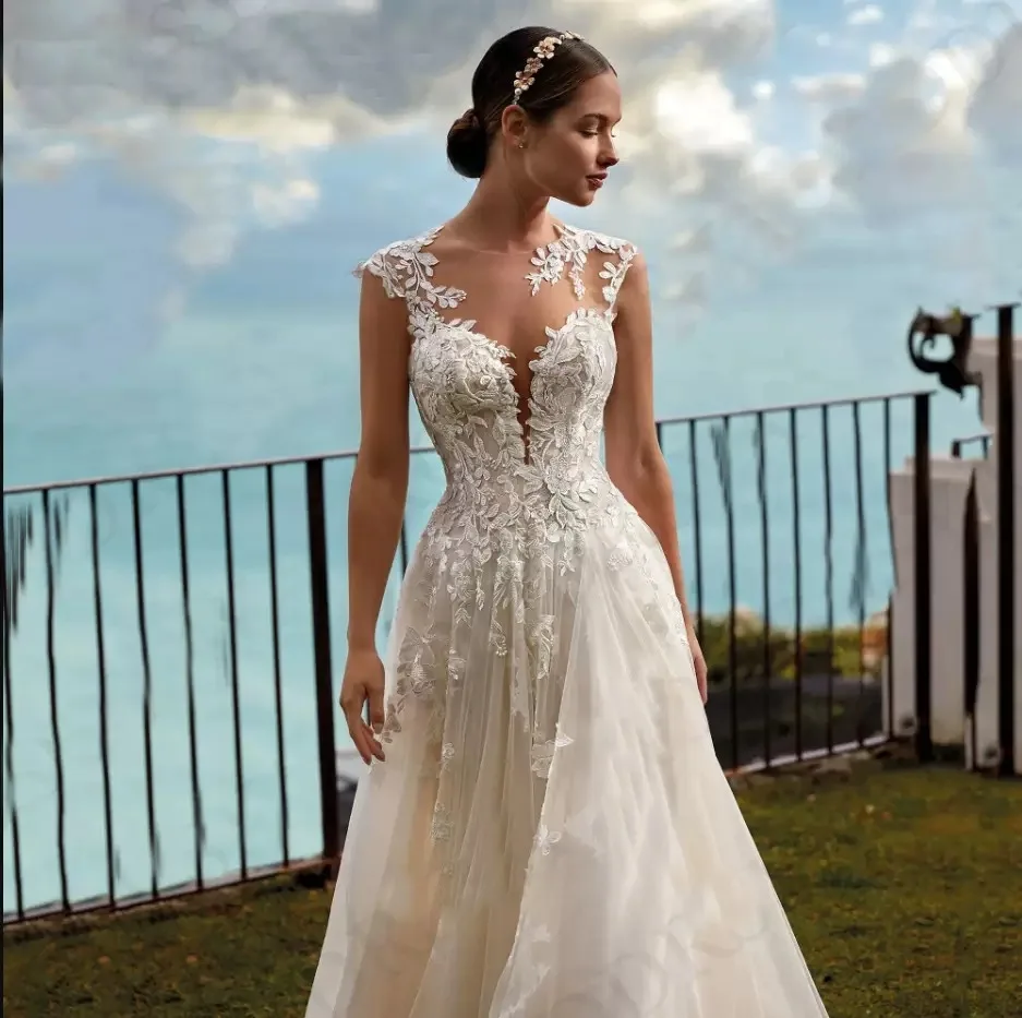 Винтажное свадебное платье трапециевидной формы с прозрачным вырезом и кружевной аппликацией, иллюзия на пуговицах сзади, свадебные платья невесты в стиле бохо, Vestidos De Noiva