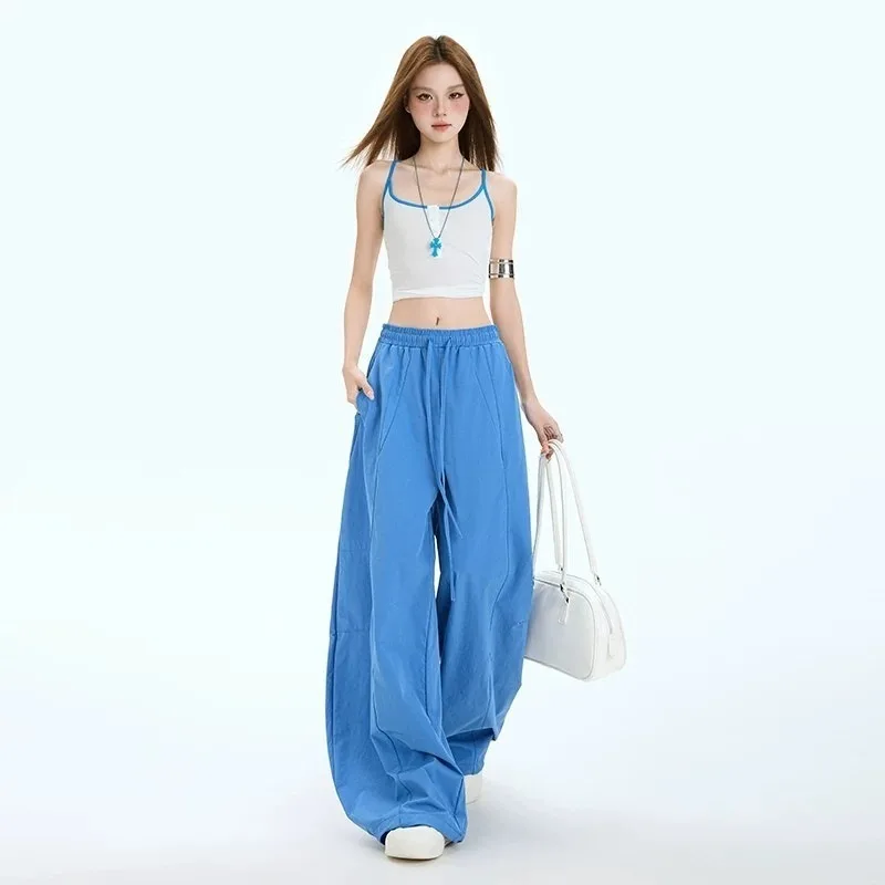Women Blue Quick Dry Banana Cargo Pants Summer Thin American Retro Wide Leg Casual Sports Trousers For Petite