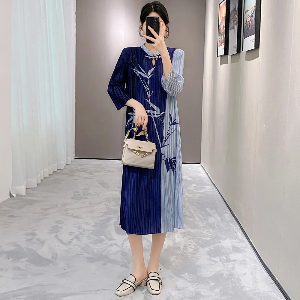 Pleats Pleated Dress 2024 New Fall Long Dress Niche Color Collision Bamboo Leaf Cheongsam Light Mature Wind Retro Skirt Clothing