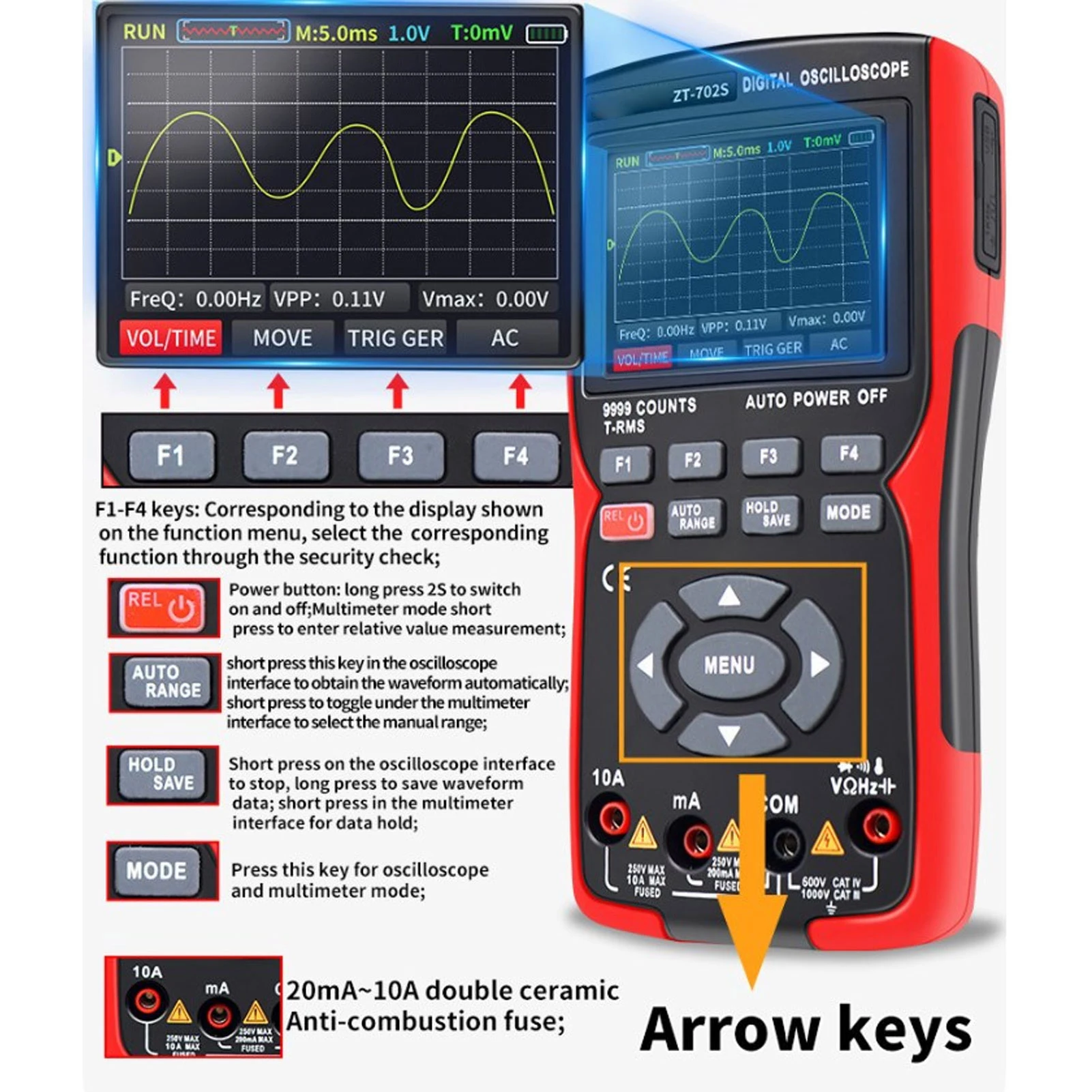 Oscilloscope High Accuracy Oscilloscope Multimeter 1 Click Auto Measurement 2.8 inch  Color Screen with 2 Probes for Sensors