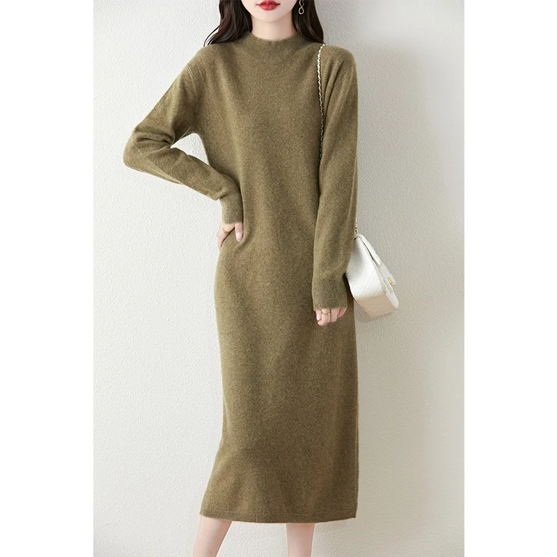 Cashmere sweater women\'s 100% wool high neck women\'s long sweater knitted pullover women\'s long skirt hot selling dress