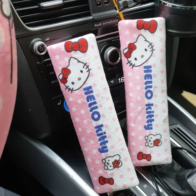 Cute Sanrio Hello Kitty Steering Wheel Cover Cartoon Cute Young Girl Heart Car Decoration Accessories Three-piece Birthday Gift