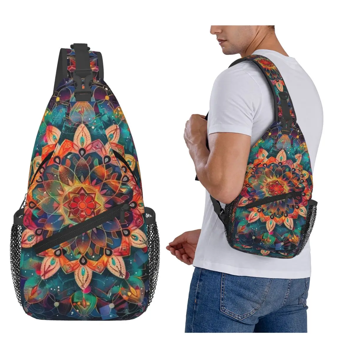 

Bohemia Ethnic Mandala Flower Pattern Chest Bag Men Sling Crossbody Backpack Chest Bag Travel Hiking Daypack Shoulder Bag