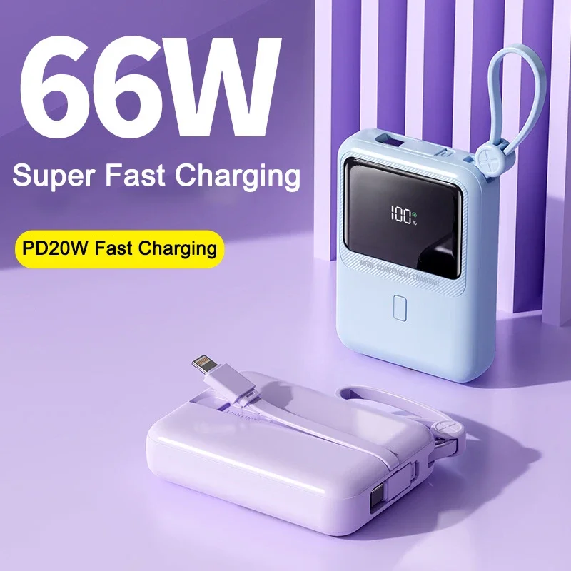 10000mAh Mini Power Bank Portable Charger 66W PD20W Fast Charging Powerbank With 2 Cable External Battery Pack for Mobile Phones