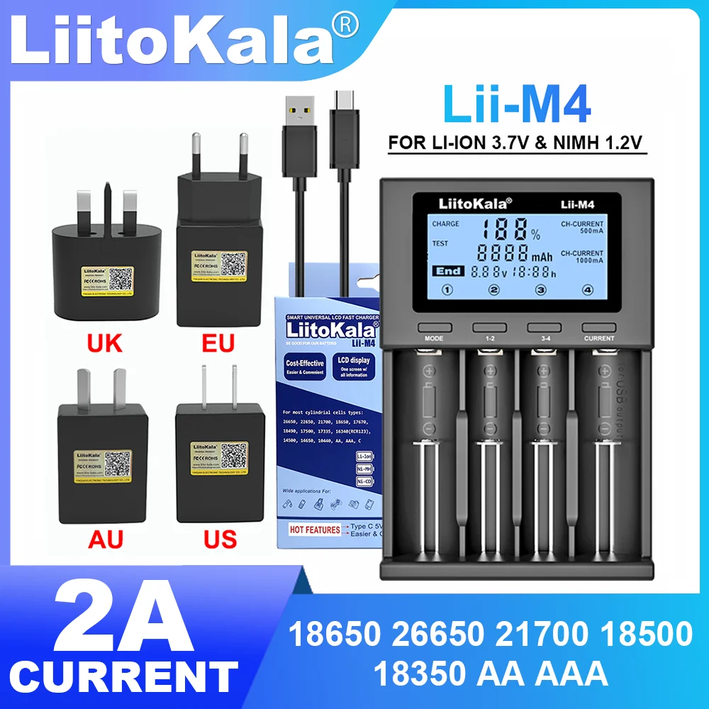 LiitoKala Lii-M4 18650 Wyświetlacz LCD Inteligentna ładowarka Pojemność testowa Nadaje się do 3,7 V 26650 18350 21700 18500 1,2 V AA AAA 4 gniazda