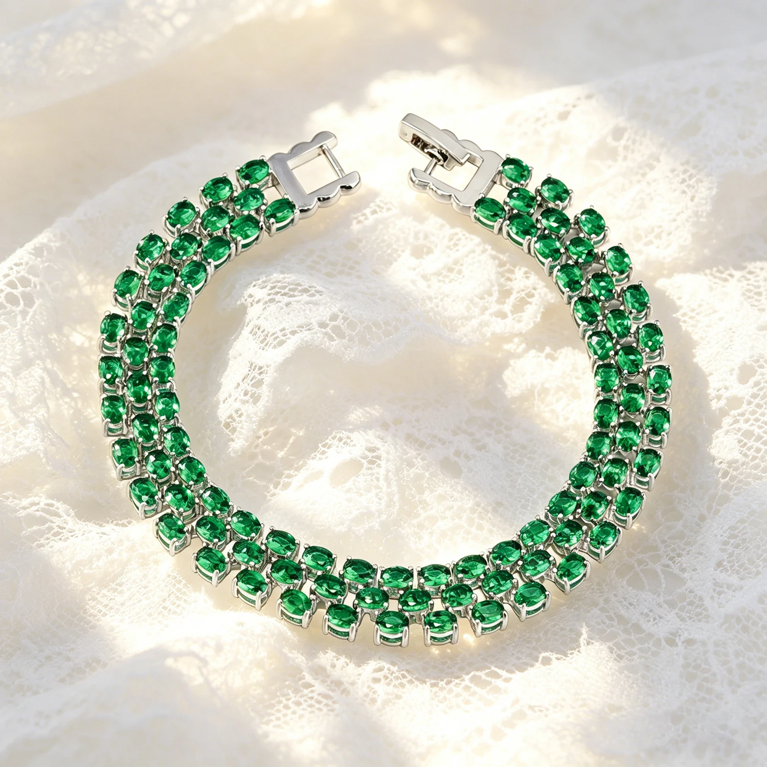 Perfect for Wedding & Evening Party Gift for Her Luxury Double Layer Green Zircon Bracelet Silver Color Oval Cut Emerald Effect