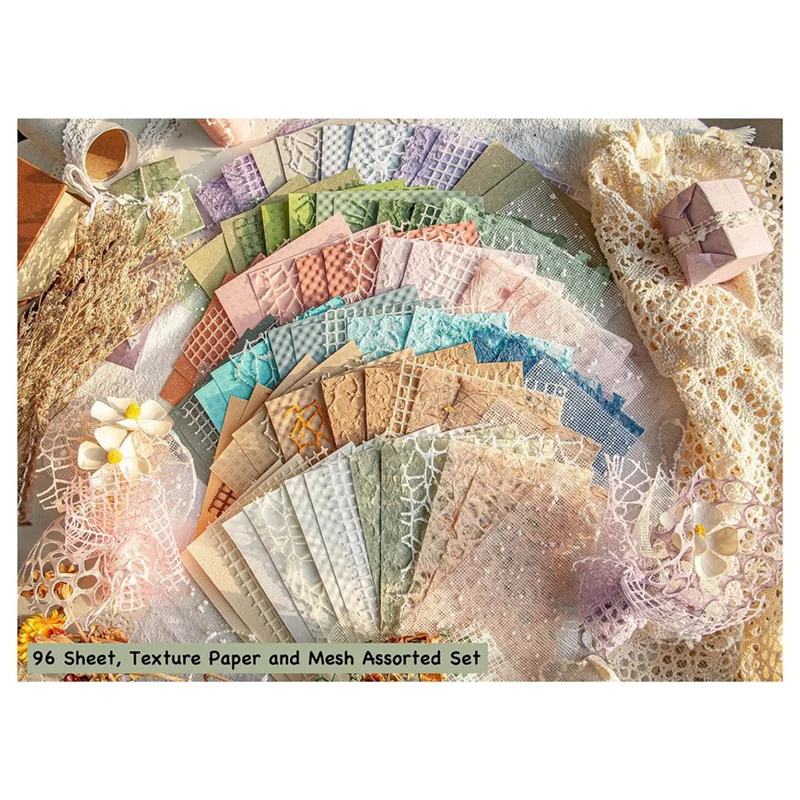 ABFM-96 Sheets Textured Scrapbook Paper And Mesh Fabric Assorted Set,6 Pack Mixed Special Paper For Scrapbooking Planner