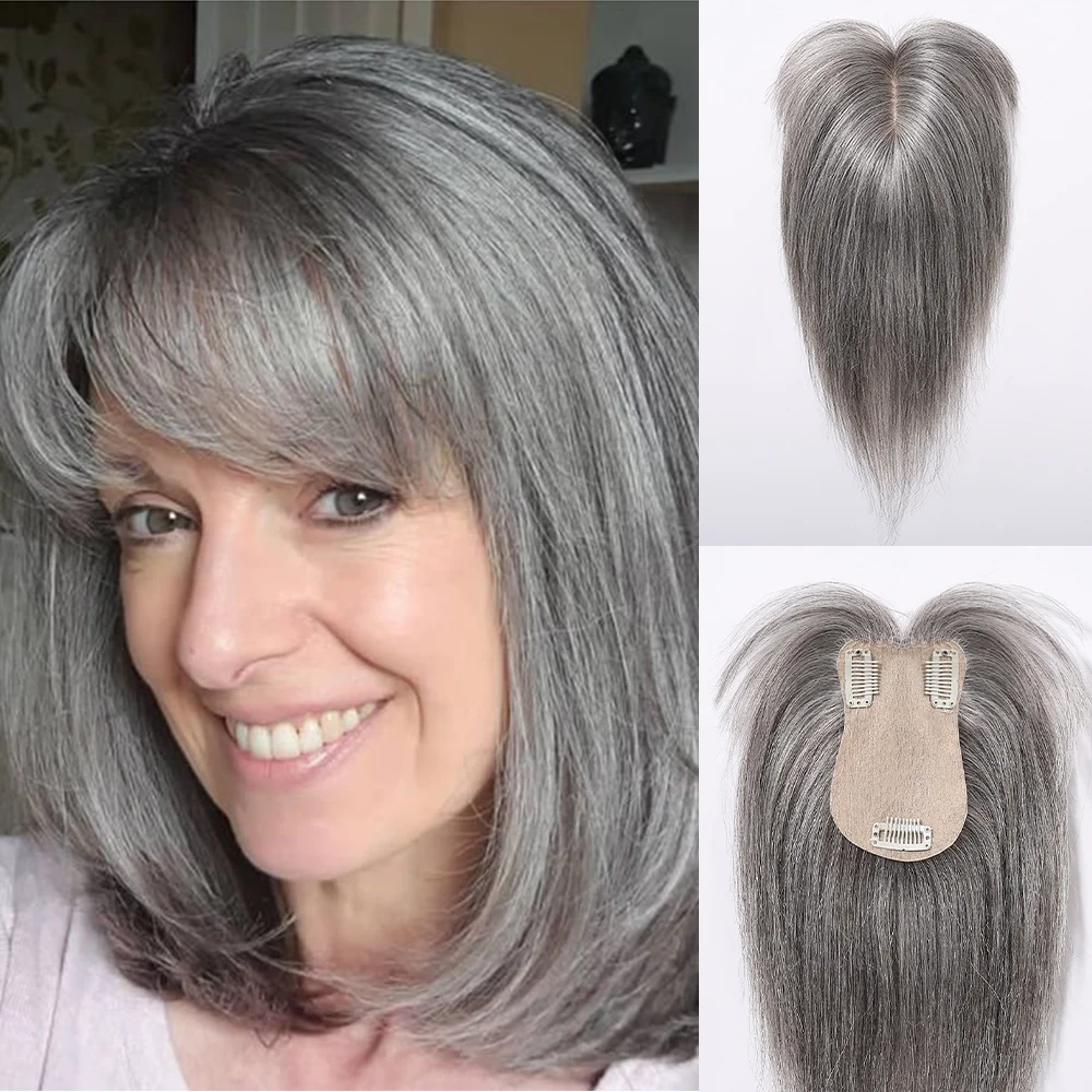 100% Remy Human Hair Topper 6x11 CM Machine Weft 10 Inch French Bangs Silver Grey Hairpiece for Women Thinning Hair Natural Look