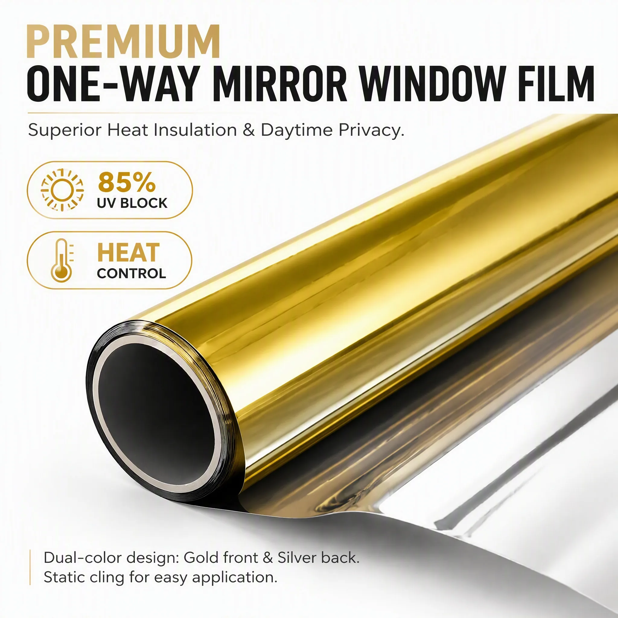 Gold Silver One Way Privacy Window Film Static Cling Heat UV Reduction Window Glass Sticker