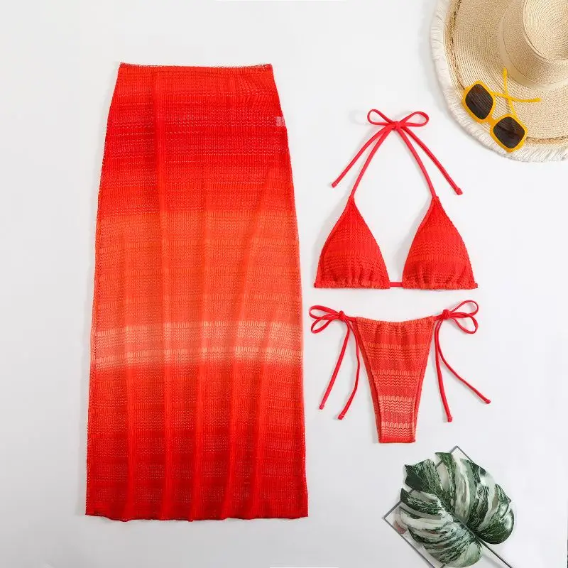 Cikini dégradé maille trois pièces plage jupe longue Sexy Bikinis ensemble été Sexy maillot de bain maillot de bain pour les femmes