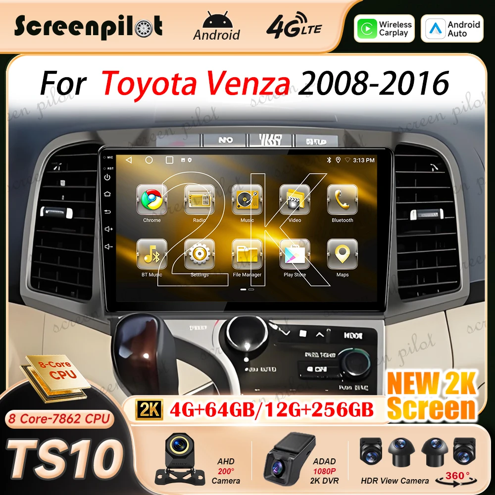 Android 16 Car Radio Stereo For Toyota Venza 2008 2009 2010 2011 2012 2013 2014 2015 2016 Wireless Carplay Auto 2K QLED Stereo