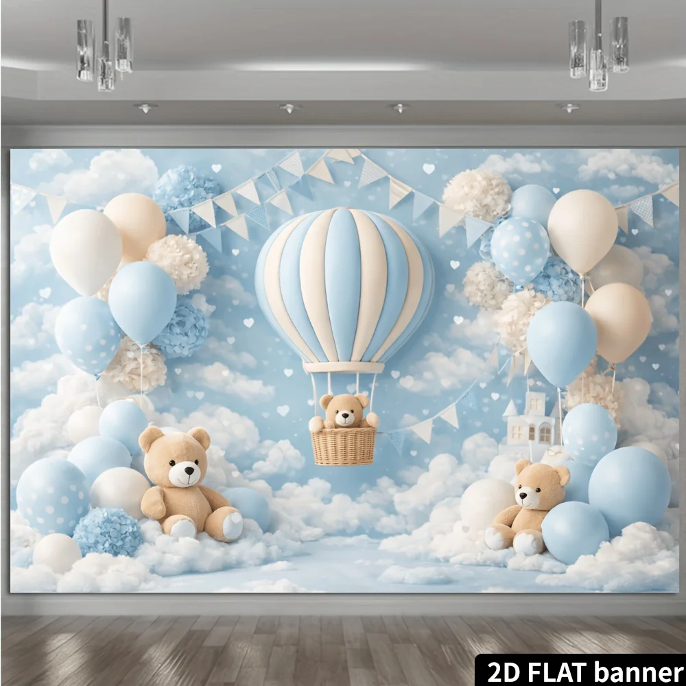 Ein 2D-Hintergrundbild mit blauen und weißen Heißluftballons, mit Luftballons, Hortensien und einem Bären, der auf den Wolken sitzt. – Detail 3