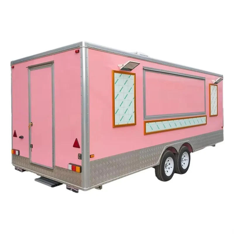 Customized Square Pink Mobile Fast Food Truck, Commercial Street Vending Food Trailer