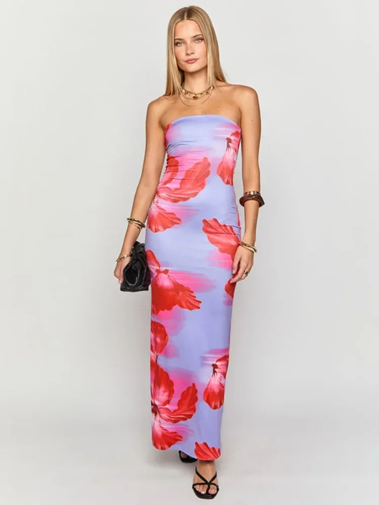 Blifanbo Strapless Print Flower Maxi Dress Women Elegant Sexy High Waist Sleeveless Off-shoulder Patchwork Slim Holiday Dress