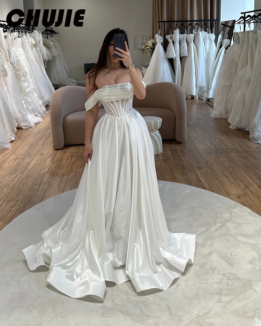 Bright Stain Off Shoulder Wedding Dresses A Line Pleated Bridal Gowns Custom Made Bride Dress Vestido de novia Guest Party Gowns