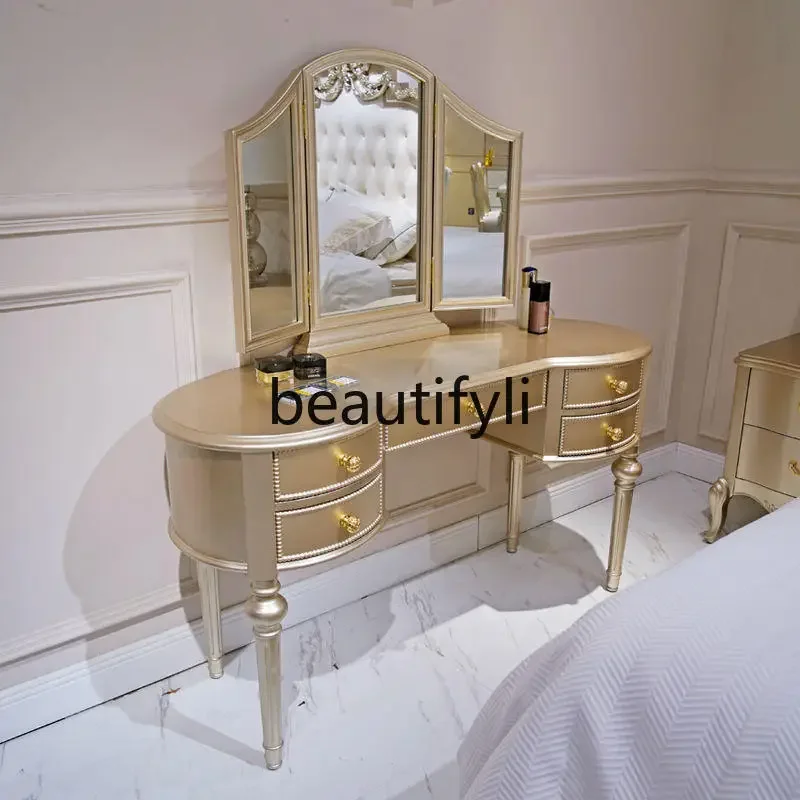 

A38 French light luxury dressing table household bedroom solid wood carving flower with mirror makeup table combination