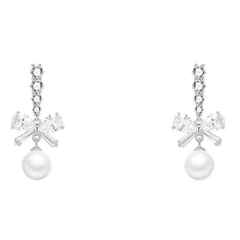 Exquisite Bow Pearl Drop Dangle Earrings For Women Bling Zircon Bowknot Stud Earrings Girl Wedding Party Sweet Jewelry