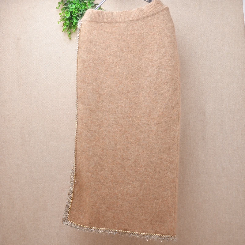 Irregular Fashion Ladies Women Autumn Winter Hairy Soft Genuine Pure Mohair Angora Wool Knitted Split Shining Sweater Skirt Pull