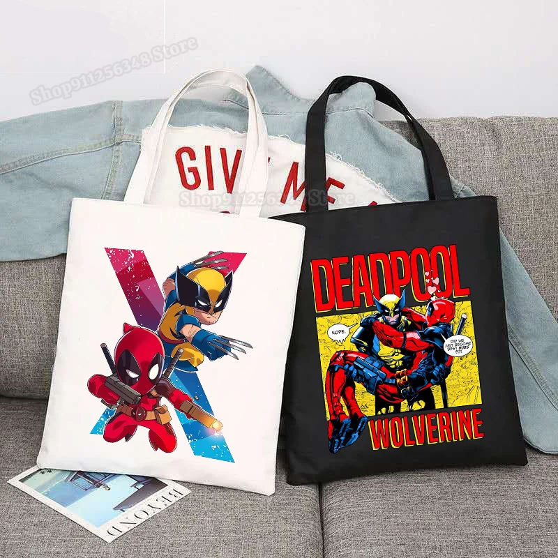 Deadpool & Wolverine Large Capacity Canvas Shoulder Handbag Eco-Friendly Tote Bags Marvel Figure Print Reusable Shopping Travel