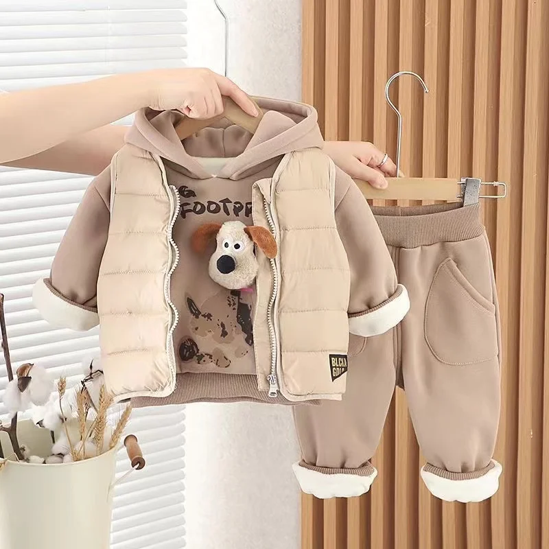 

Boys and Girls Thickened Suit Winter Children's Velvet Vest Hoodies Pants Three-piece Set Hooded Clothes Winter Fashion