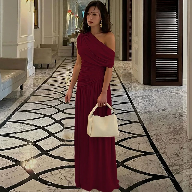 Hugcitar One Shoulder Ruched Sleeveless Solid Pleated Sexy Irregular Y2K Maxi Dress Summer Elegant Party Women Clothes Vacation