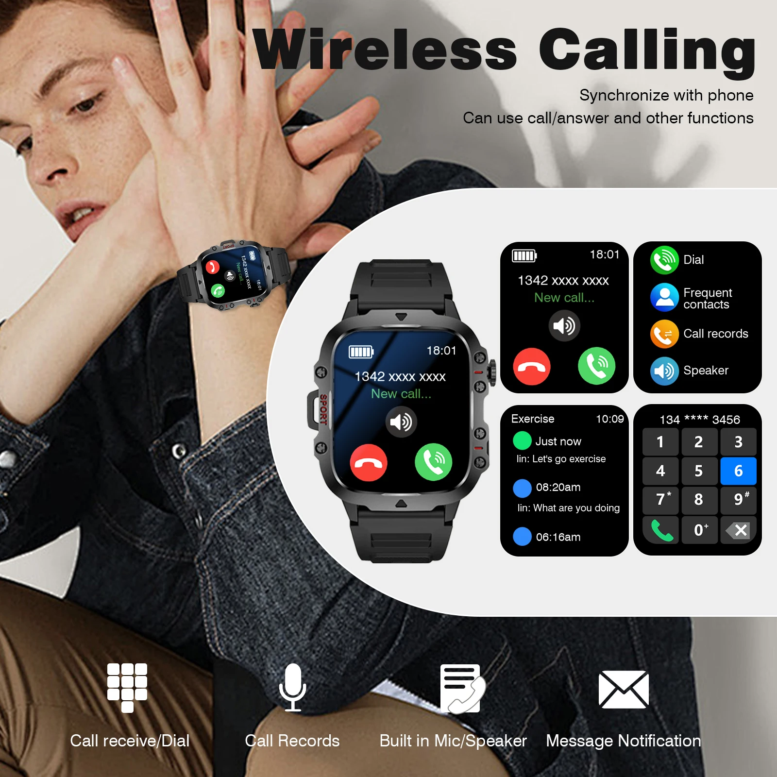 Smart Watch con torcia, chiamate Bluetooth, promemoria messaggio, cinturino in acciaio inossidabile, compatibile con iPhone/Android