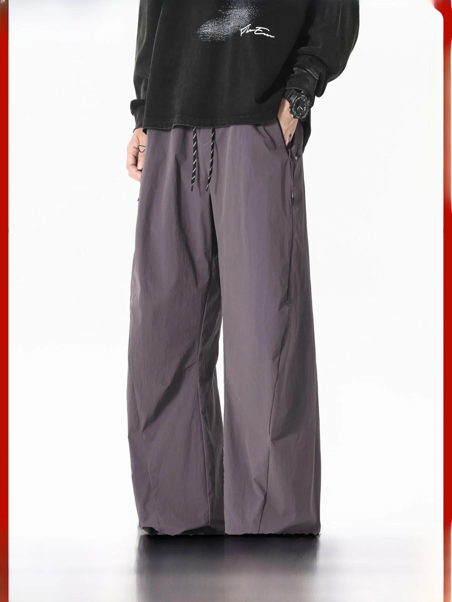 

Trendy Retro Dstring Elastic Sports Pants Men's Spring Autumn Street Loose Wide Leg Versatile Casual Long Trousers