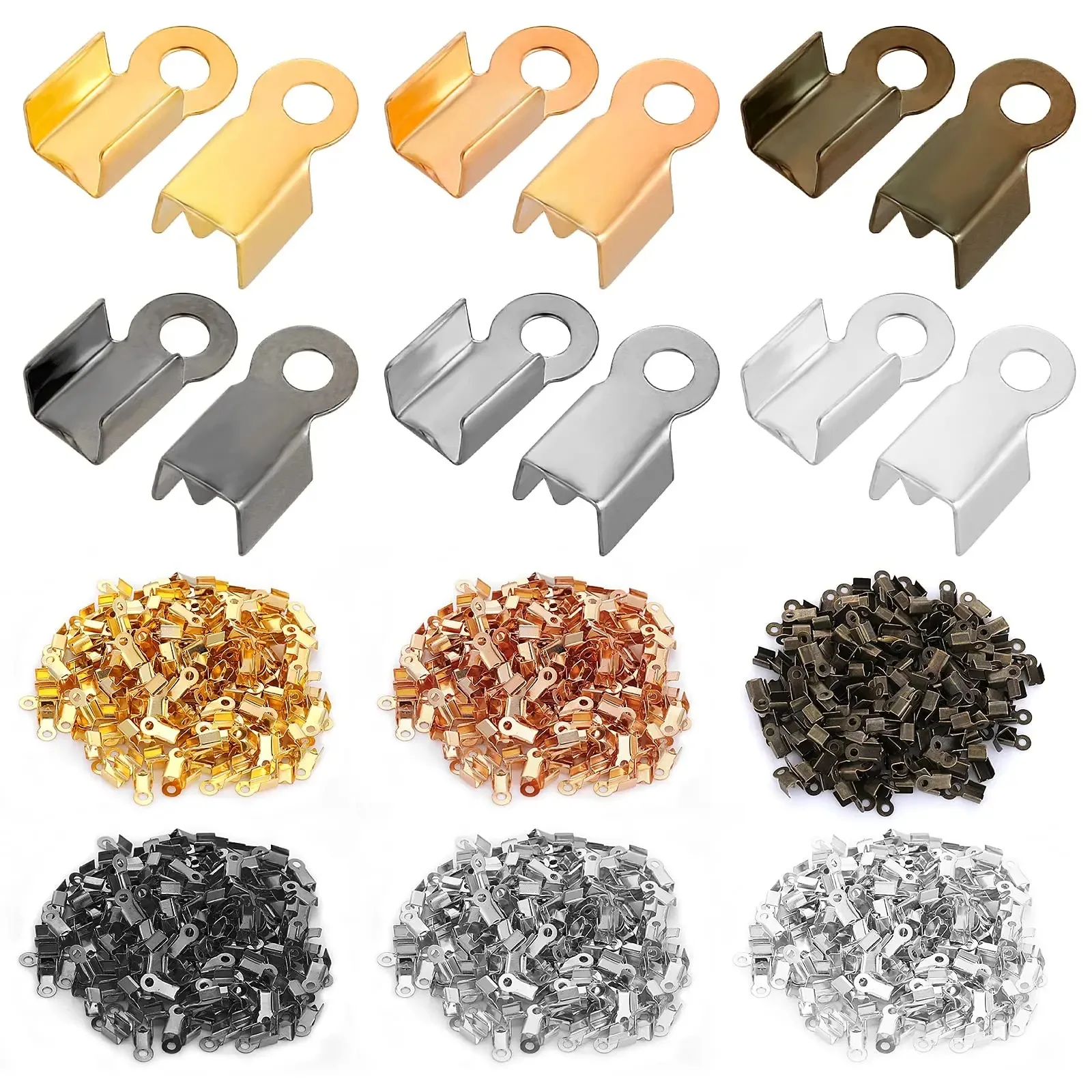 1200pcs 6 Colors Cord Crimp End Tips Fold-Over End Caps Jewelry for Jewelry Making Bracelet Necklace DIY Crafts