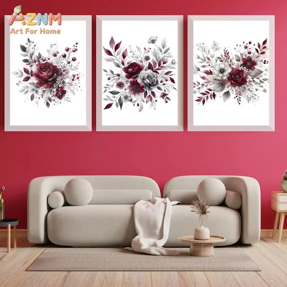 AZNM Burgundy Gray Floral Canvas Print Watercolor Red Peony Flower Bouquet Minimalist Wall Poster Unframed Modern Bedroom Home D
