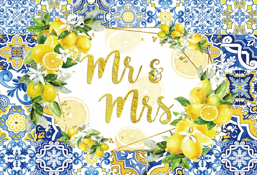 Mehofond Fotografia Pano De Fundo, Estampa Floral, Limão, Senhor E Senhora, Azulejo Azul, Chuveiro Nupcial, Decoração Da Festa De Casamento, Pano De Fundo, Estúdio De Foto