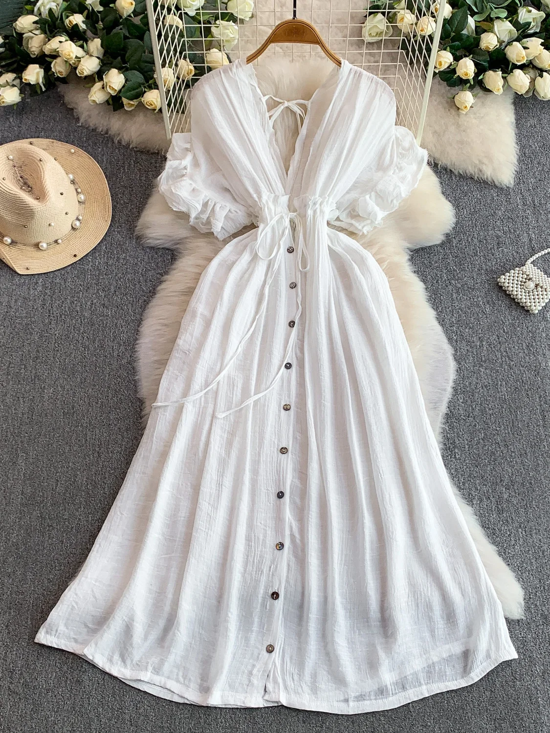 

Сексуальное женское платье с V-образным вырезом и рукавами-колокол, весна-лето, с завязками на талии, открытый кардиган, длинное платье, белое, праздничное, свободного кроя, А-силуэт