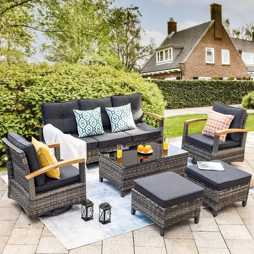 

A 6 Pieces Outdoor Rattan Furniture Sets with 2 Wood Armrests Swivel Rocker Chairs, 2 Ottoman, 3-Seat Sofa and Coffee Table
