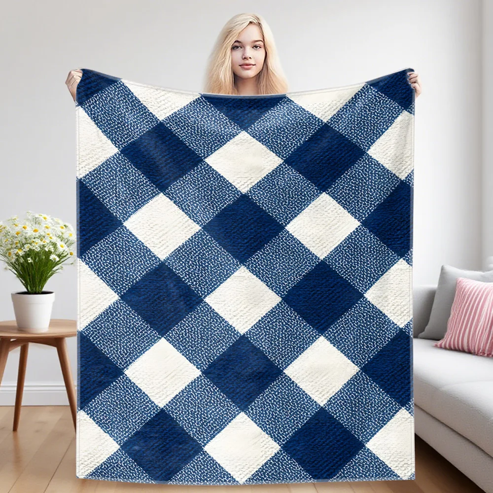 Navy Gingham Warm And Soft Halloween And Christmas Sofa Decoration Gift With Flannel Blanket