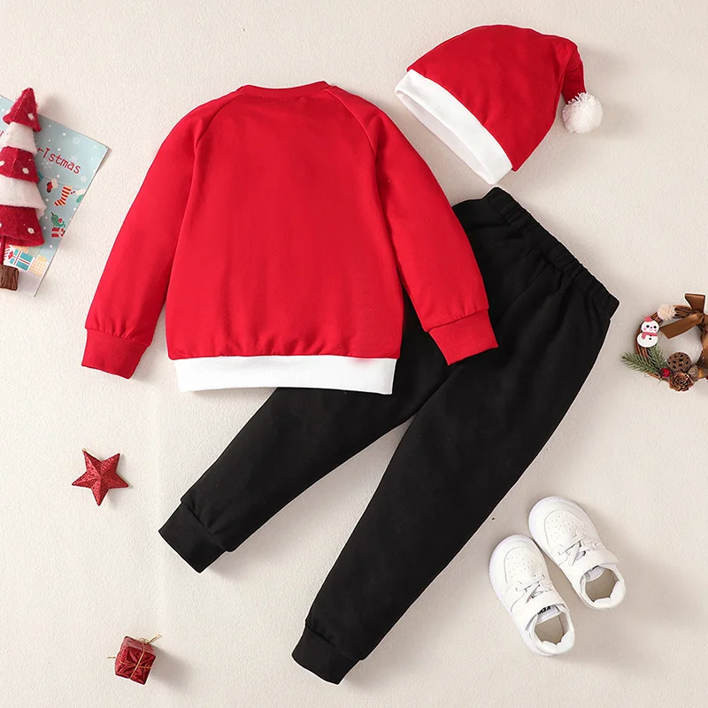 Children s 3-Piece Holiday Ensemble Festive Reindeer Sweater Matching Trousers and Santa Claus Cap for Christmas Cheer