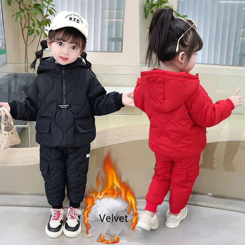 2023 Winter Kids Velvet Clothing Sets 2-10 Years Children Warm Thick Hooded Jackets Loose Pants Suit Girls Boys Outfit