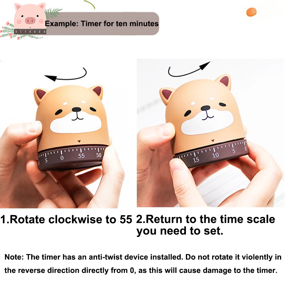 Animal Mechanical Timer Cute Pig Dog Cat Fox Children's Time Manager Student Learn Self-discipline Remind Kitchen Timer