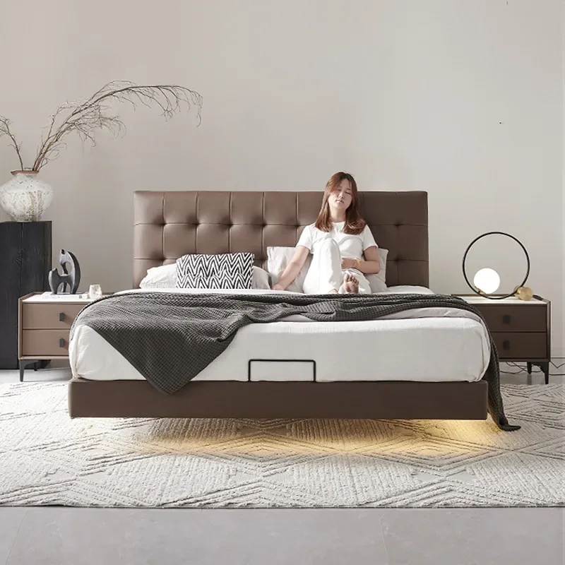 Italian minimalist suspension bed first layer cowhide