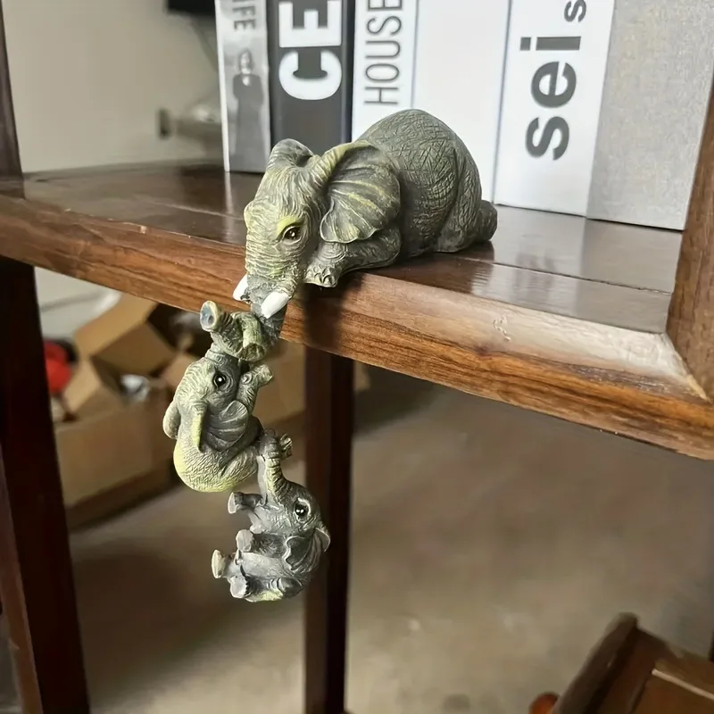 2026 3pcs/set Cute Elephant Figurines Elephant Holding Baby Elephant Hanging Off The Edge of A Shelf or Table Resin Crafts