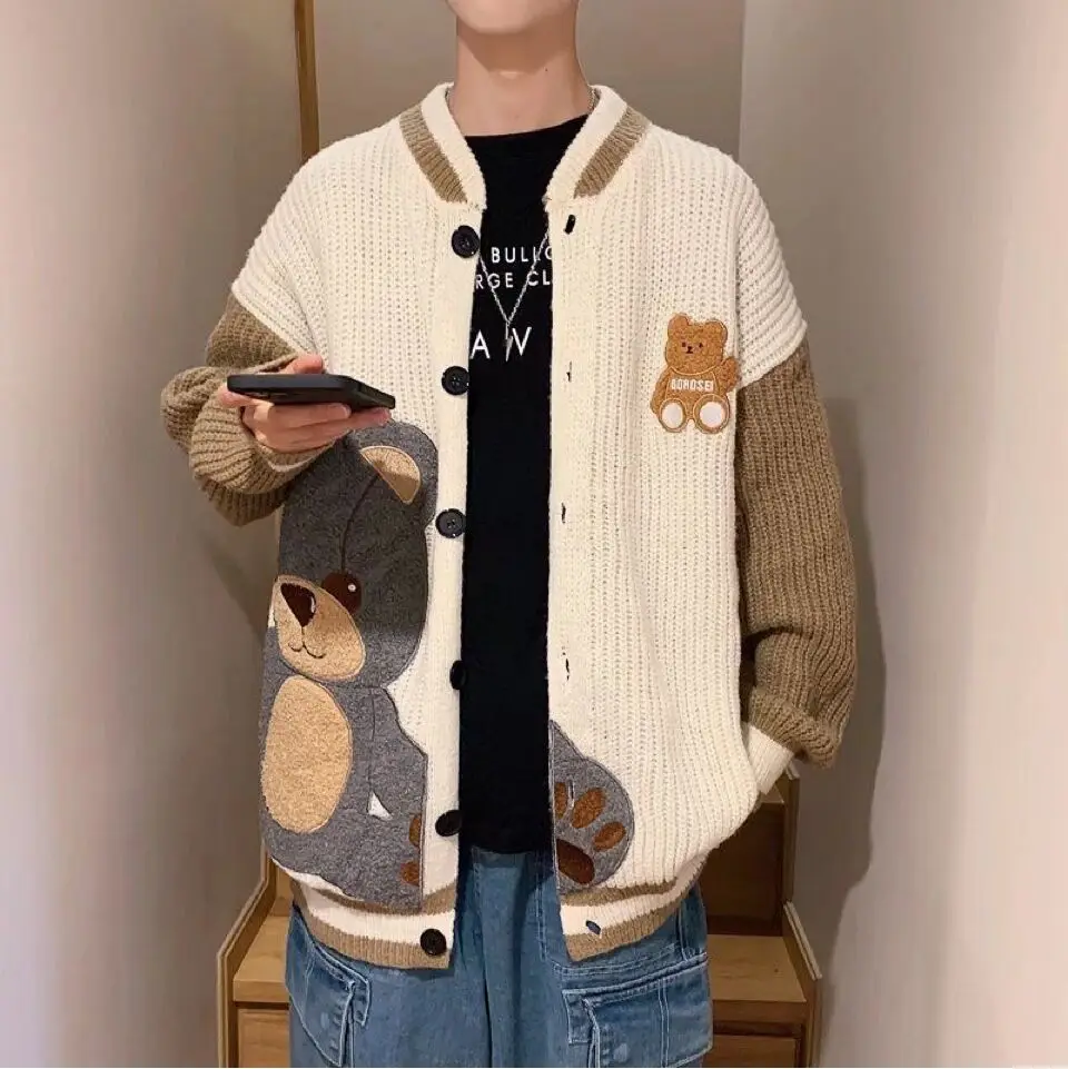 Nam Mùa Thu Đông Áo Len Phối Nhật Bản Cổ Nối Giày Lười Phong Cách Hốc Dệt Kim Cardigan Gấu Thêu