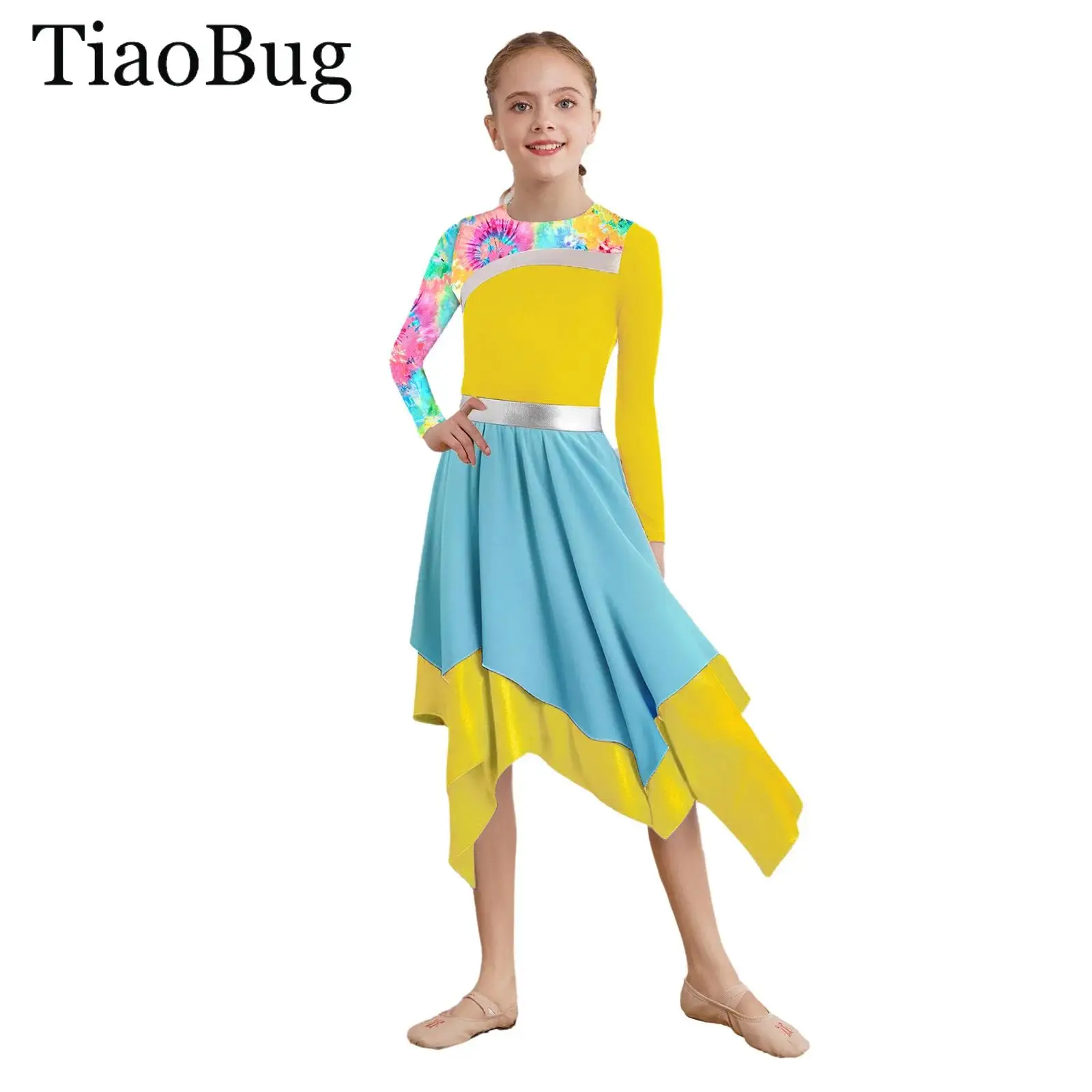 

Girls Lyrical Contemporary Dance Costume Long Sleeve Metallic Printed Liturgical Worship Praise Dance Dress Ballet Performance