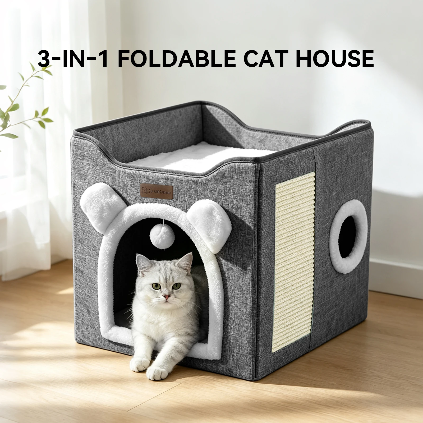 The Three-In-One Foldable Cat Bed Comes With A Built-In Mat. It Features A Cat Ear-Shaped Design, An Open-Top Platform For Resting, And A Cat Scratching Pad. The Fluffy-Decorated Entrance Cat Apartment Is Suitable For Kittens And Adult Cats - A Christmas